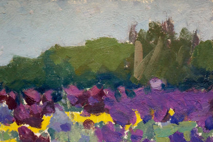 Vibrant oil painting of purple yellow flower field by Pokulity Konstantin Ivanovich