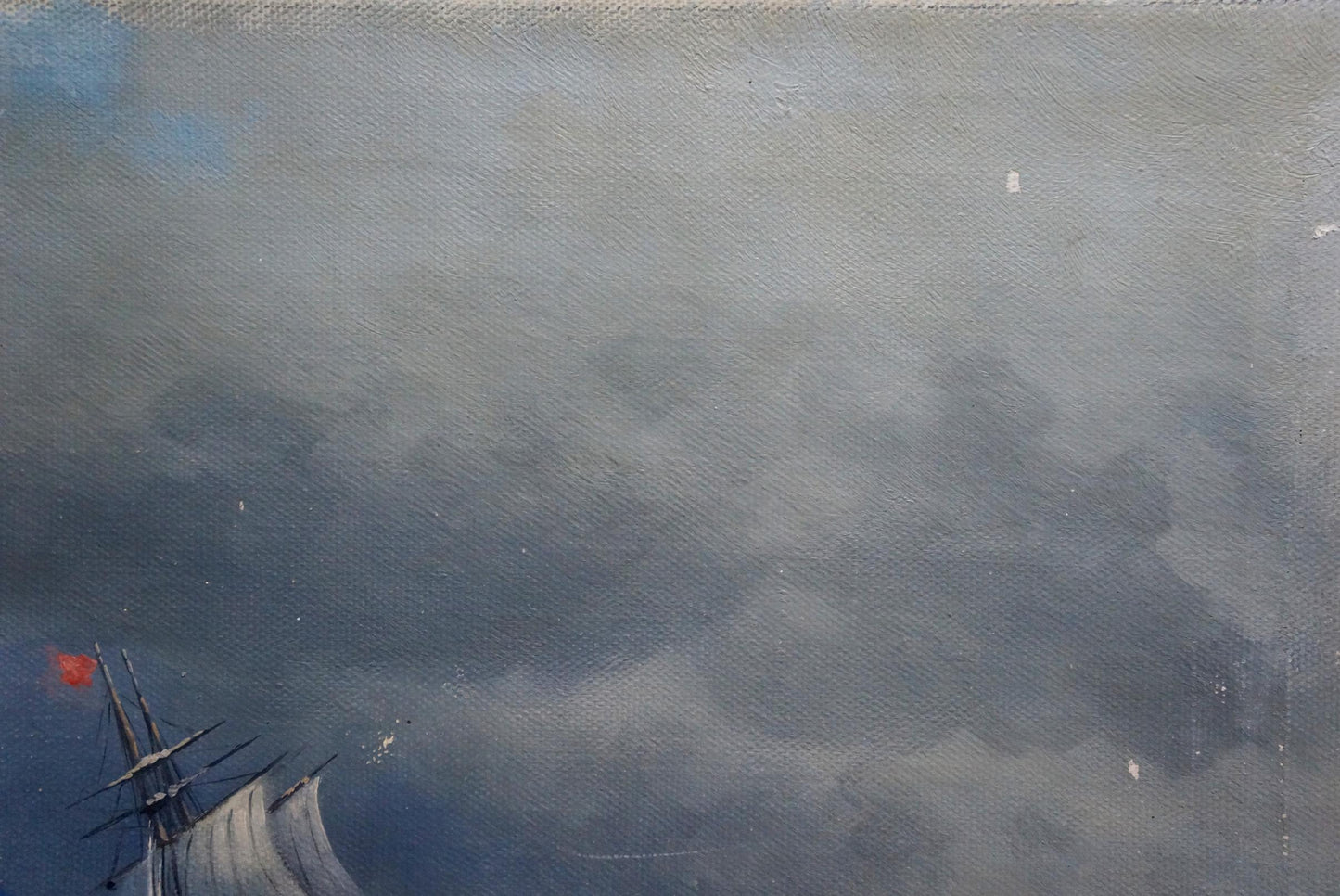 Dark gray oil painting of ship caught in storm, moody cloudy sky