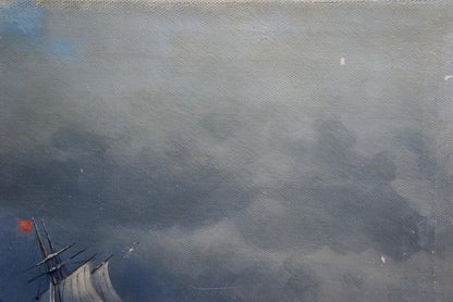 Dark gray oil painting of ship caught in storm, moody cloudy sky