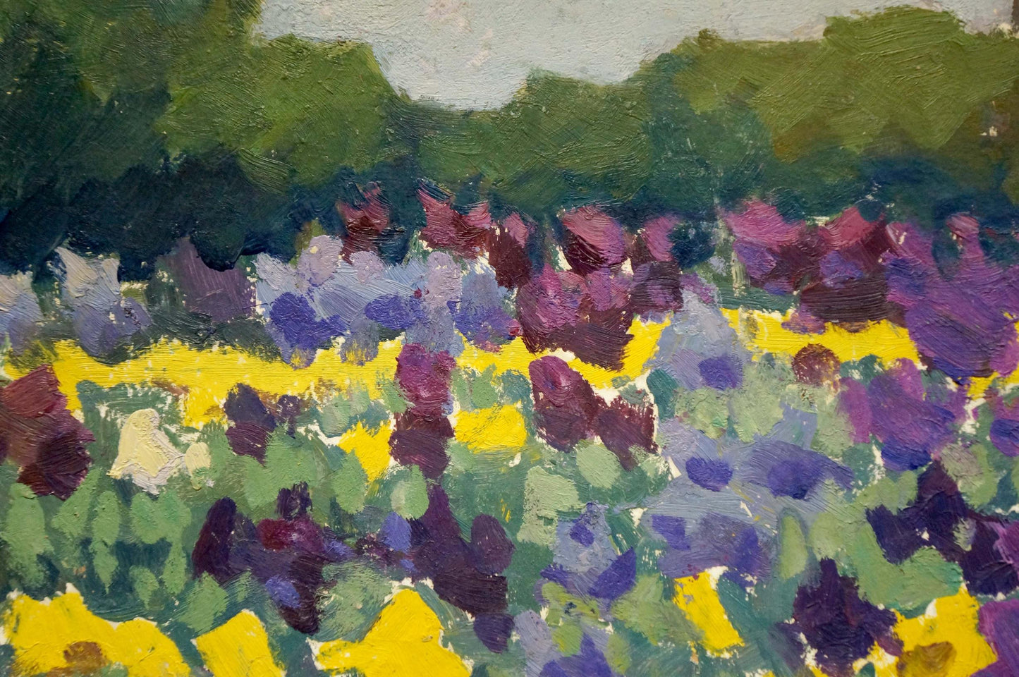Vibrant impressionist oil painting of purple yellow flower field by Pokulity Konstantin Ivanovich