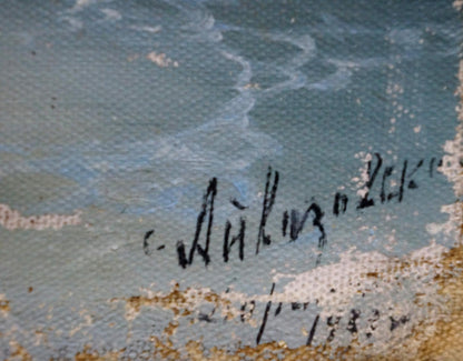 Faded black signature on back of oil painting The ship was caught in a storm