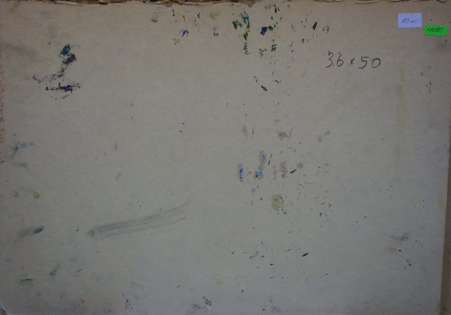 Back of weathered off-white canvas with paint splatters and handwritten measurements for Oil painting Flower field Pokulity Konstantin Ivanovich