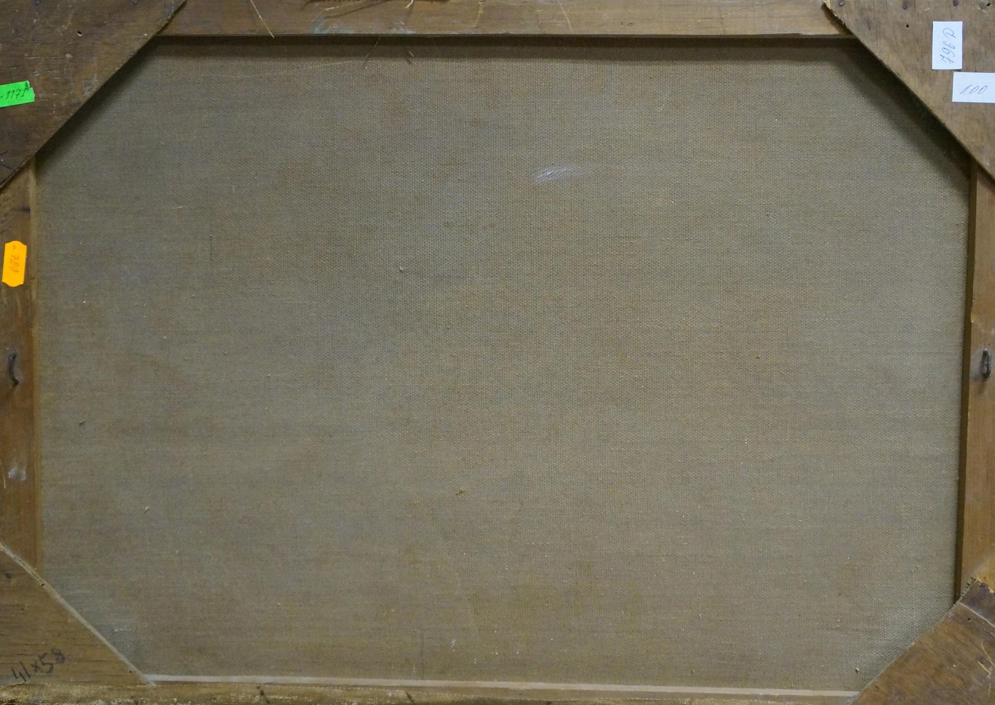 Back of framed oil painting The ship was caught in a storm with beige canvas and labels