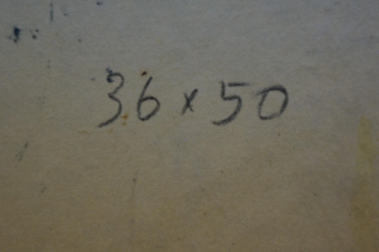 Handwritten measurement markings ’36 x 50’’ in dark ink on a textured, off-white surface.