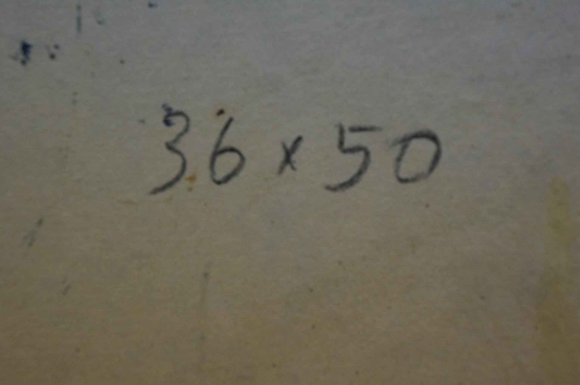 Handwritten measurement markings ’36 x 50’’ in dark ink on a textured, off-white surface.