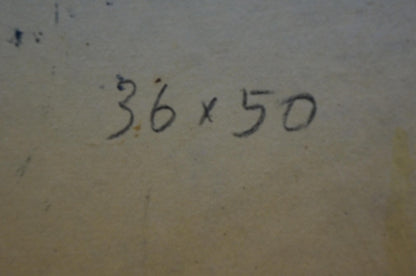 Handwritten measurement markings ’36 x 50’’ in dark ink on a textured, off-white surface.