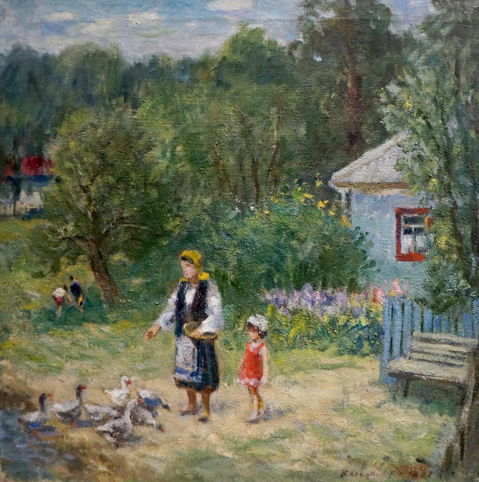Oil painting by Zaretsky Victor Ivanovich: woman and girl with geese in garden