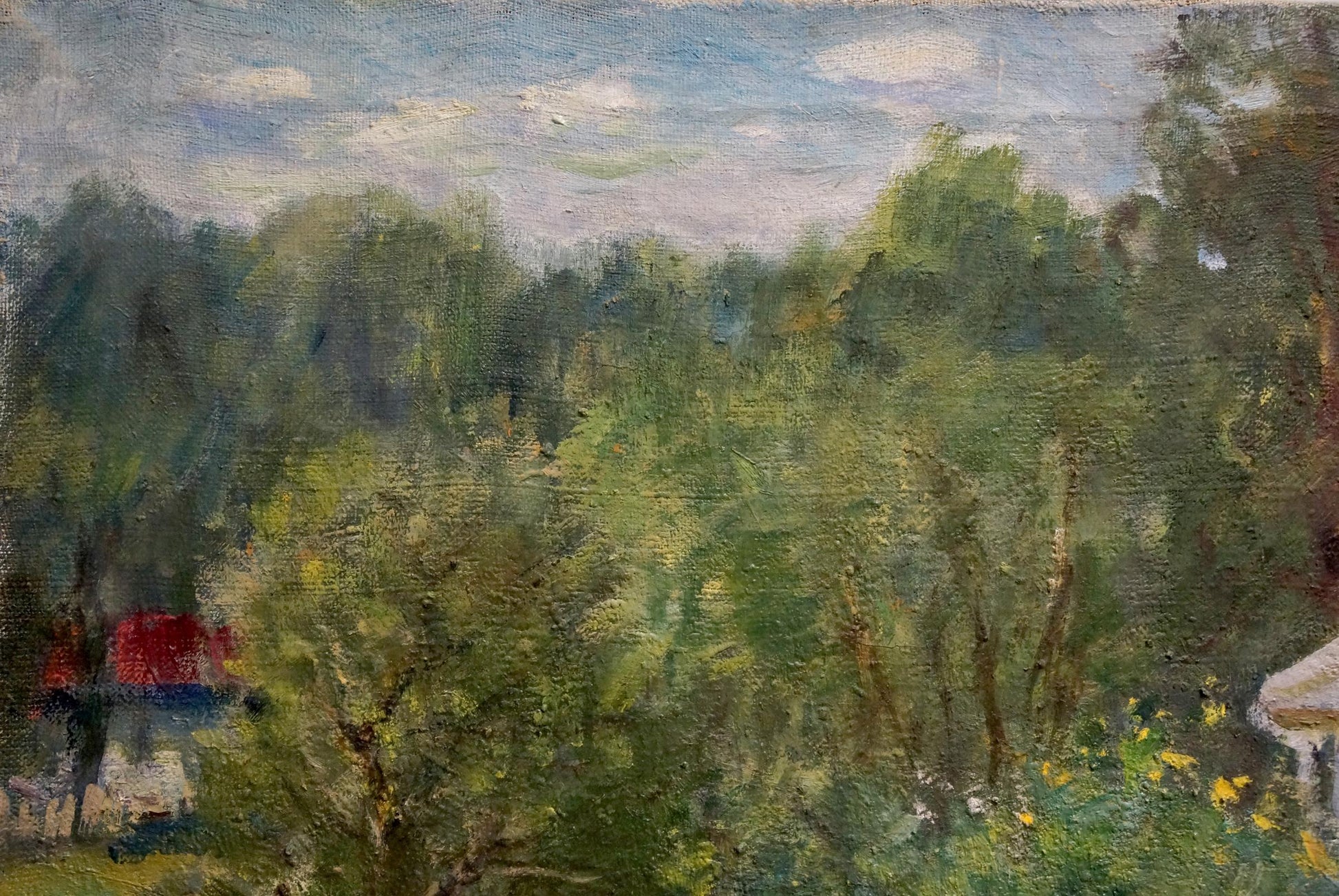 Lush impressionistic oil painting by Zaretsky Victor Ivanovich, green foliage under blue sky
