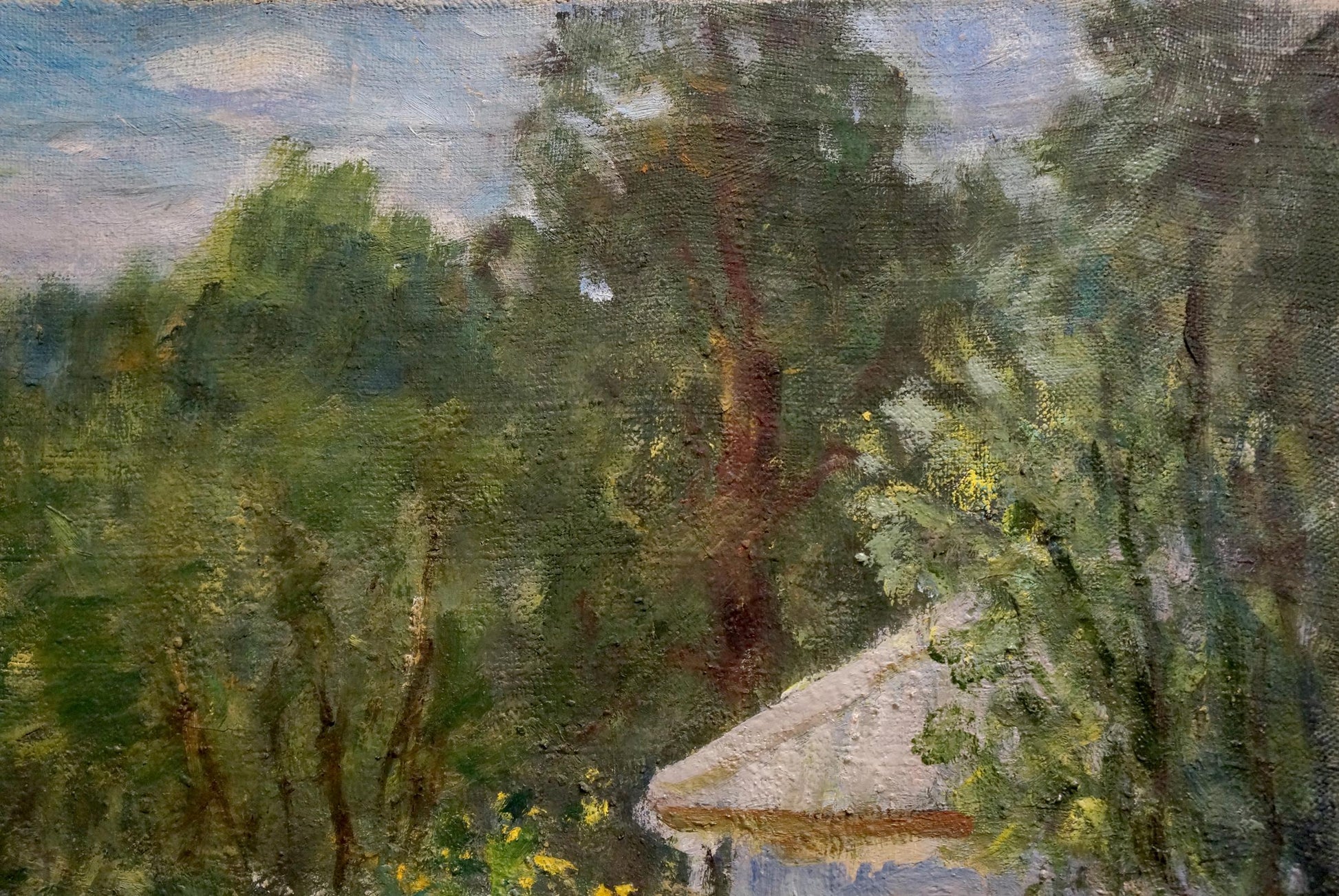 Oil painting by Zaretsky Victor Ivanovich: rustic white thatched roof in green foliage