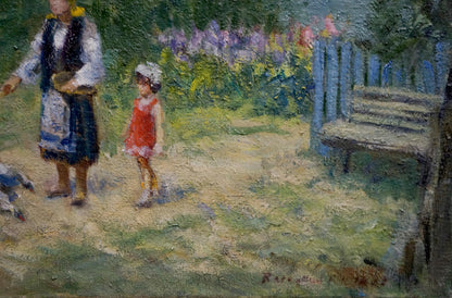 Oil painting of blue wooden bench by Zaretsky Victor Ivanovich