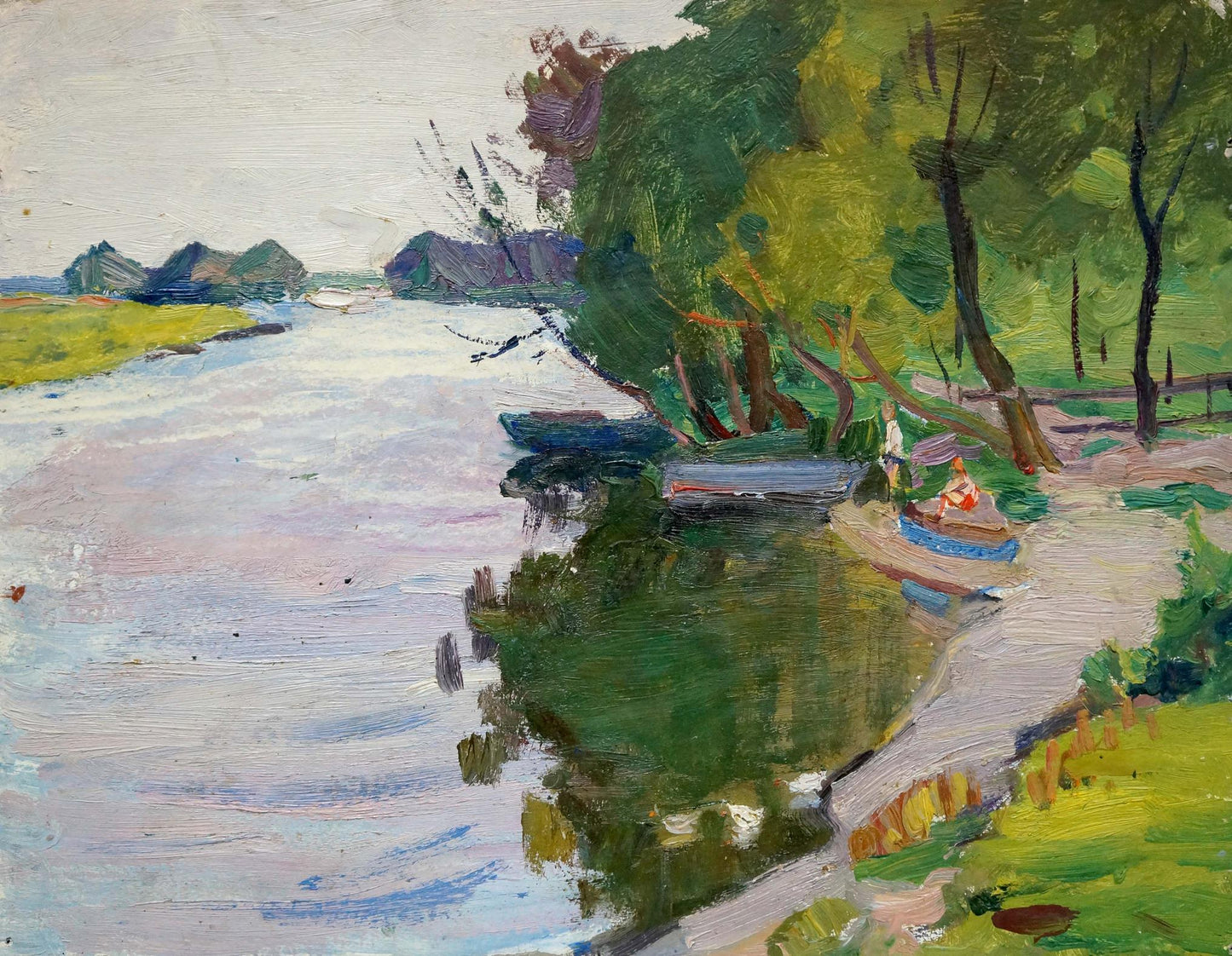 Serene impressionistic oil painting by Gantman Moses Faybovich of riverbank with boats
