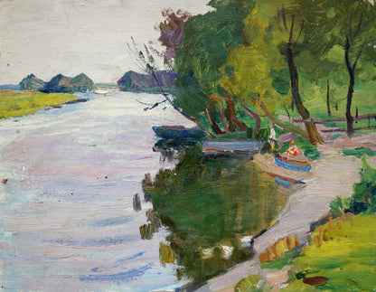 Serene impressionistic oil painting by Gantman Moses Faybovich of riverbank with boats