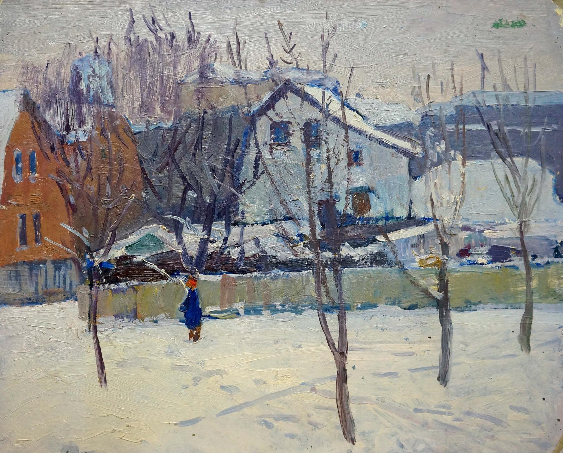 Oil painting of empty winter street by Moses Gantman with orange house