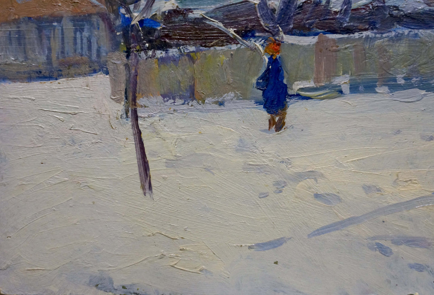 Oil painting by Moses Gantman: child in blue coat on empty winter street
