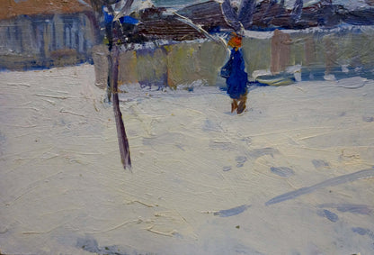 Oil painting by Moses Gantman: child in blue coat on empty winter street