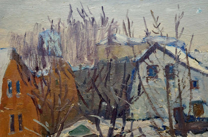 Oil painting by Moses Gantman: snowy village with orange-roofed house