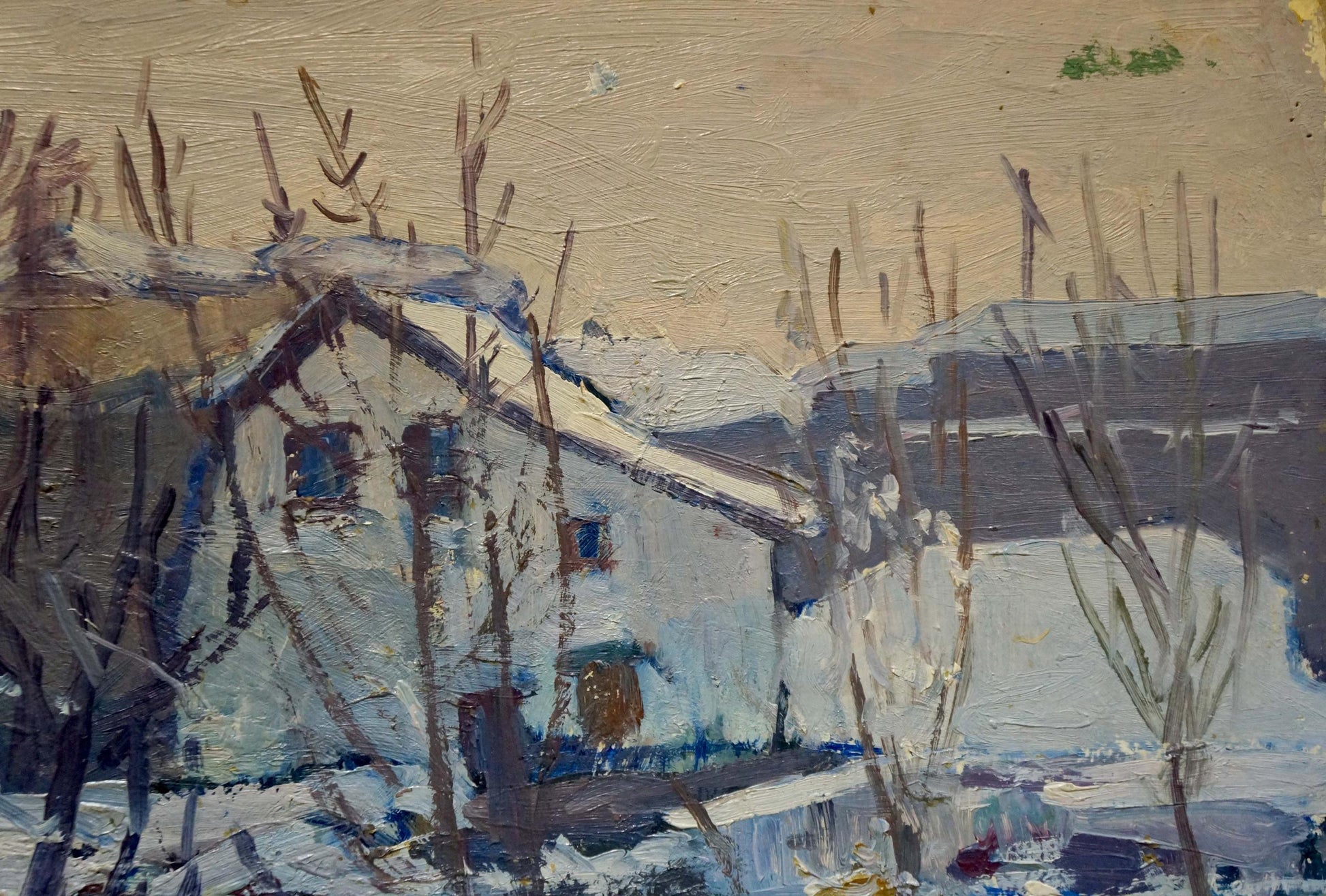 Oil painting of empty winter street by Moses Gantman, snow house and trees