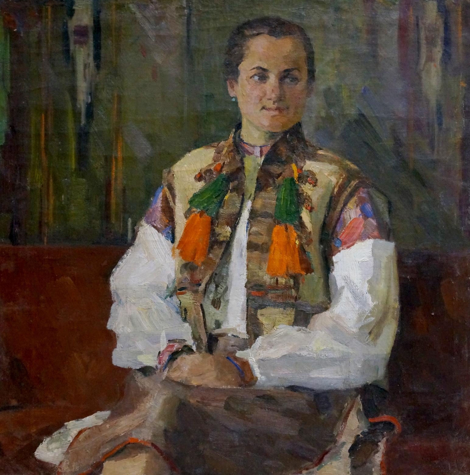 Oil painting portrait of mom in embroidered vest with orange green tassels