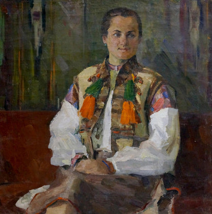 Oil painting portrait of mom in embroidered vest with orange green tassels