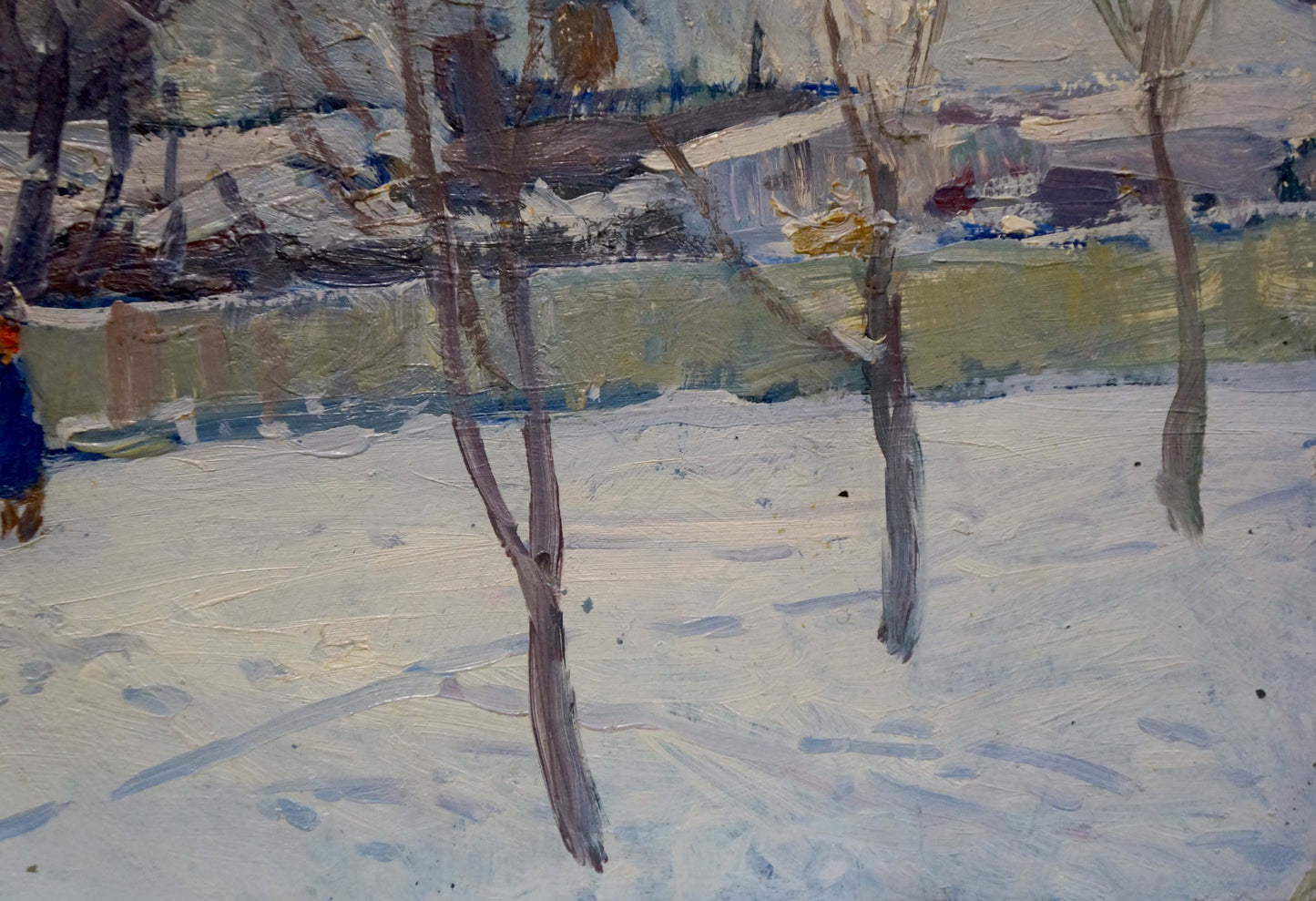 Oil painting of empty winter street by Moses Gantman snowy landscape