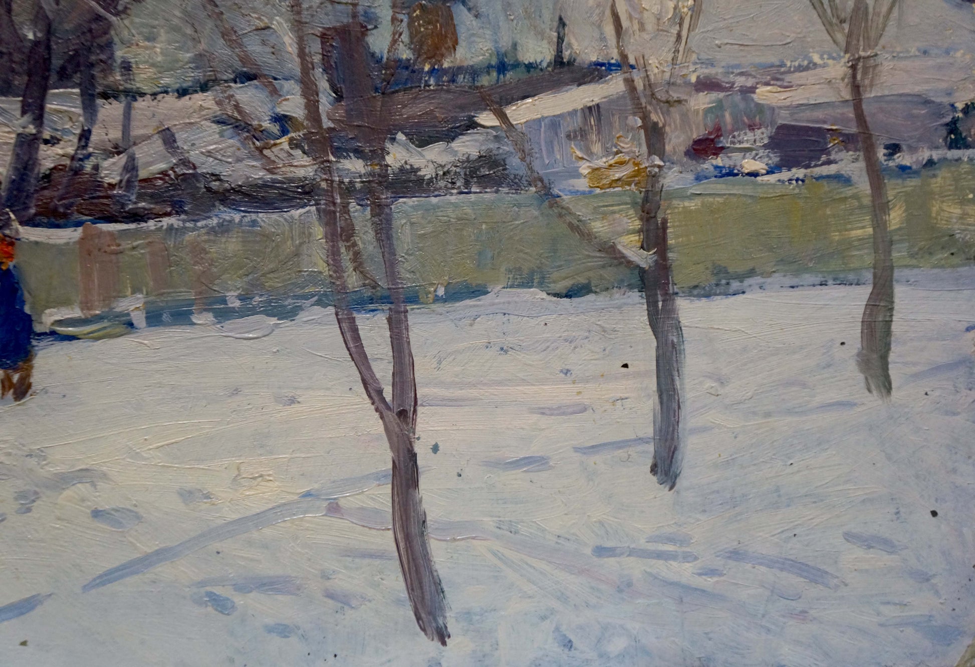 Oil painting of empty winter street by Moses Gantman snowy landscape