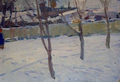 Oil painting of empty winter street by Moses Gantman snowy landscape