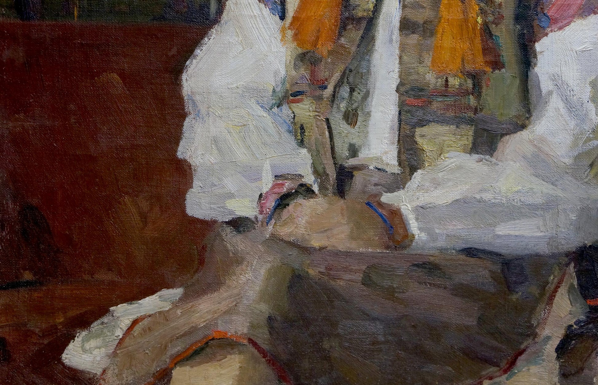 Oil painting portrait of mom on textured white fabric with folds