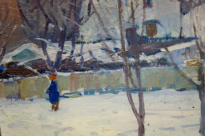 Oil painting by Moses Gantman: child in blue coat on empty snowy winter street