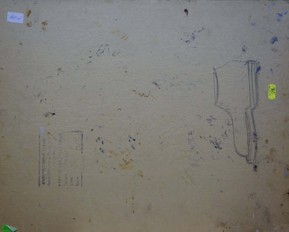 Back of Moses Gantman oil painting with faded gun sketch on beige cardboard