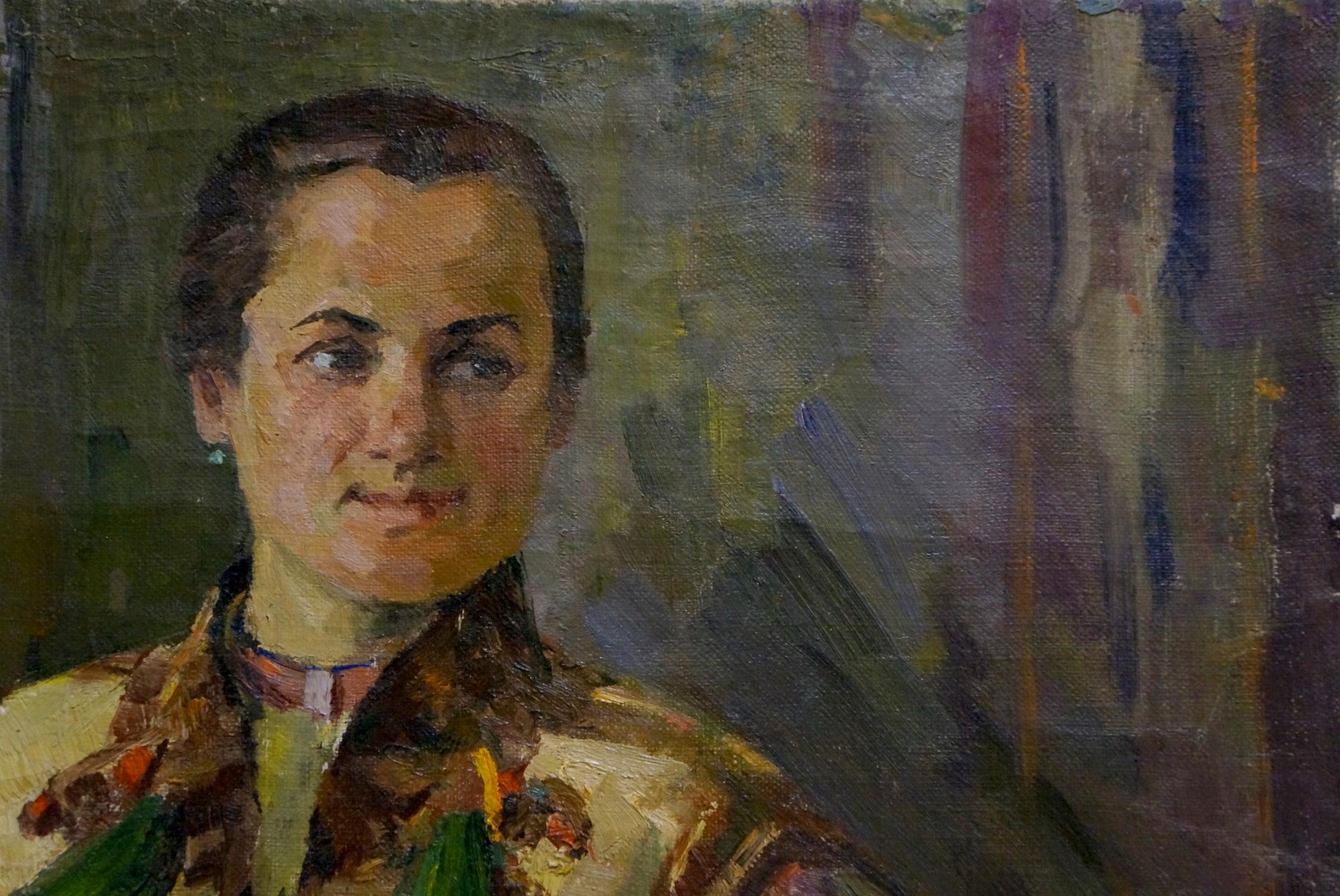 Oil painting portrait of mom with dark hair, green earrings, ornate earthy jacket
