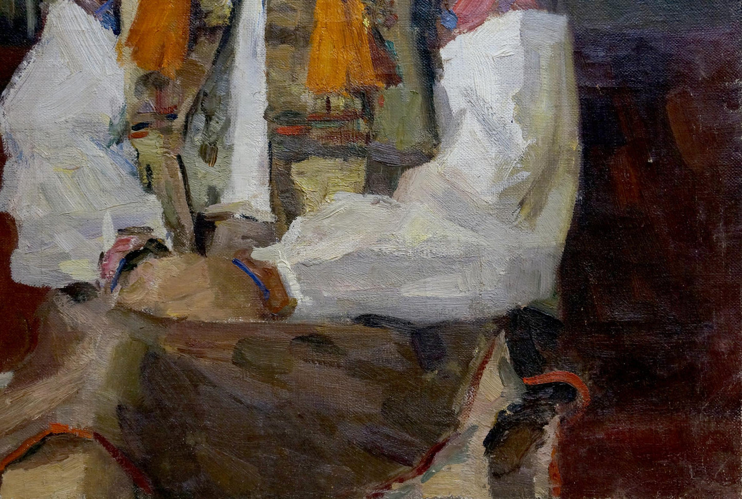 Impressionistic oil painting of mom with textured white fabric draped over form