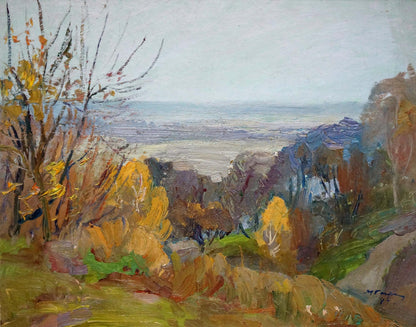 Autumn oil painting by Gantman Moses Faybovich, textured warm tones, cloudy sky