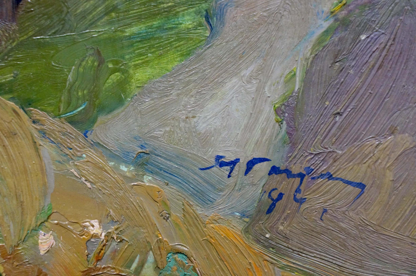 Back of Oil painting Mainly cloudy Gantman Moses Faybovich textured green brown purple brushstrokes blue signature