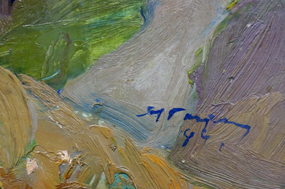 Back of Oil painting Mainly cloudy Gantman Moses Faybovich textured green brown purple brushstrokes blue signature