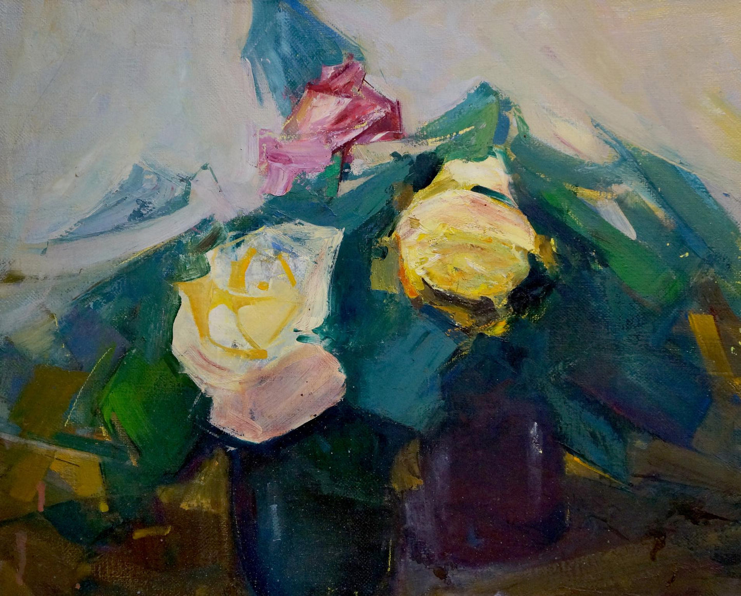 Oil painting of yellow and red roses by Leonid Zaborovsky