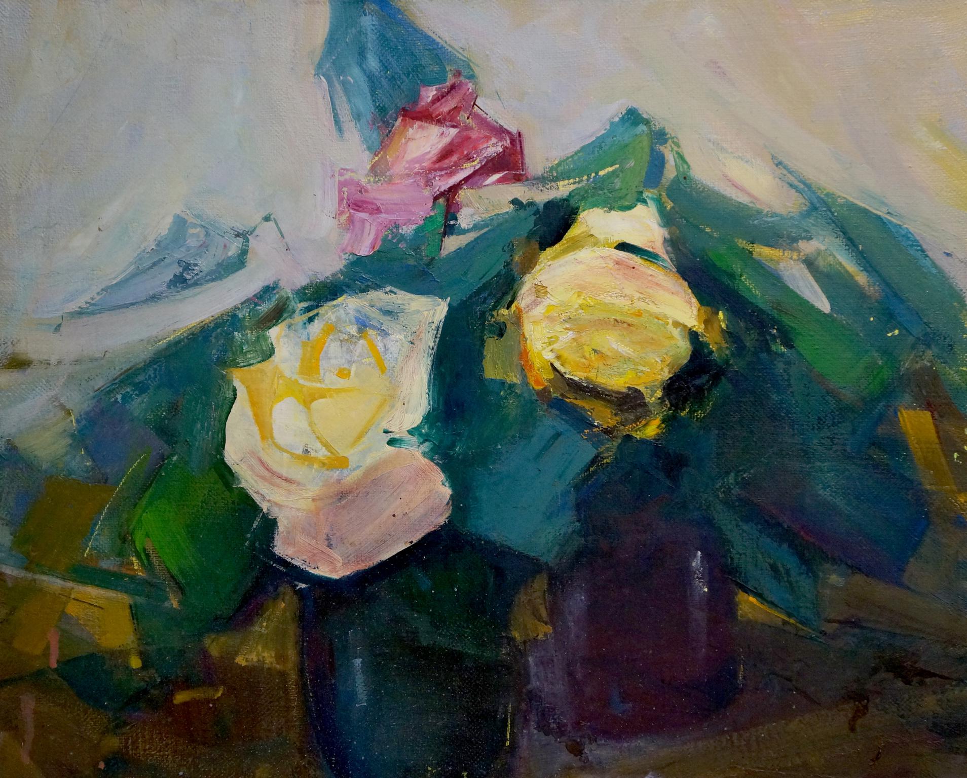 Oil painting of yellow and red roses by Leonid Zaborovsky