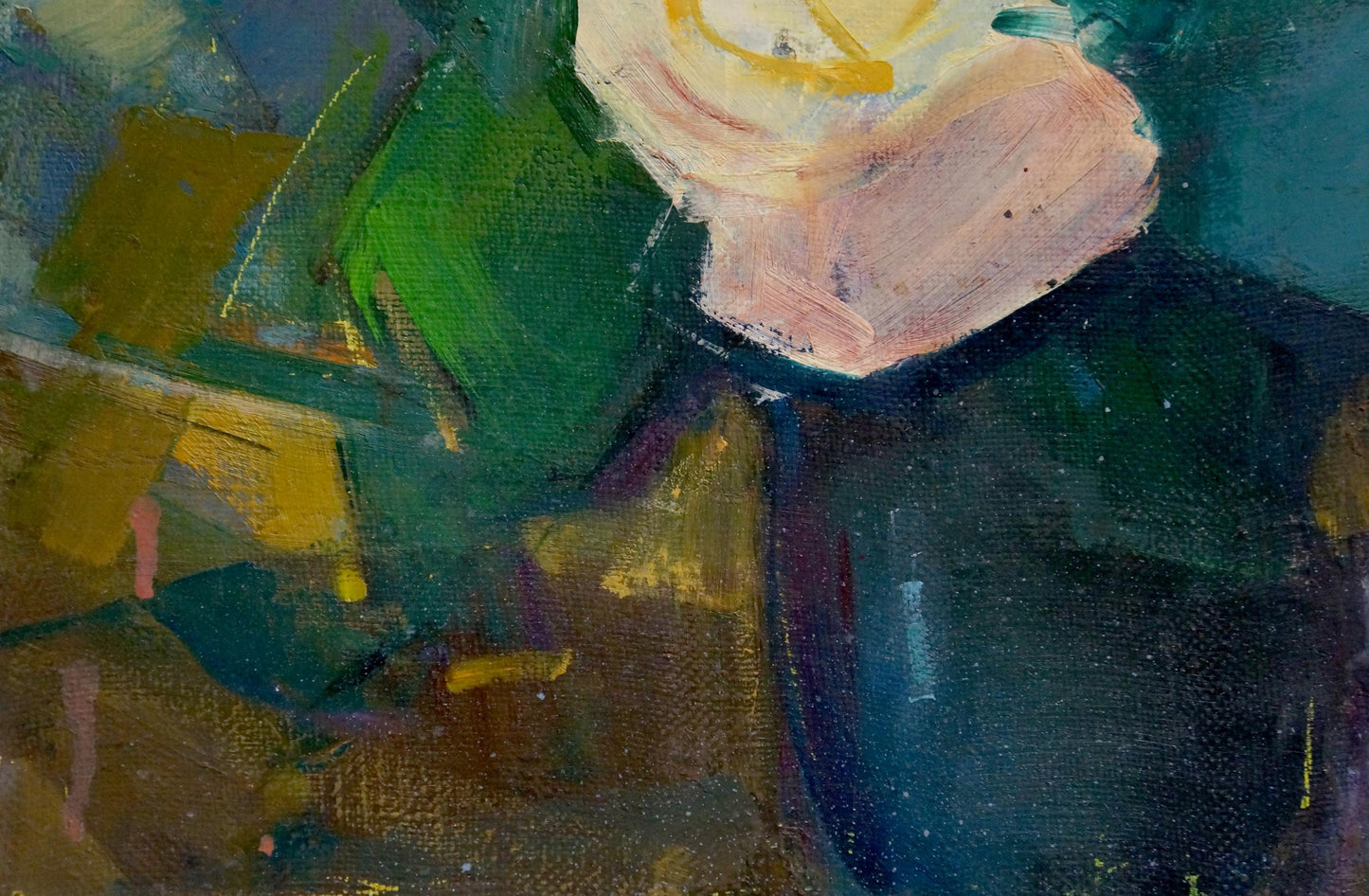 Oil painting of soft pink rose with yellow highlights by Leonid Zaborovsky