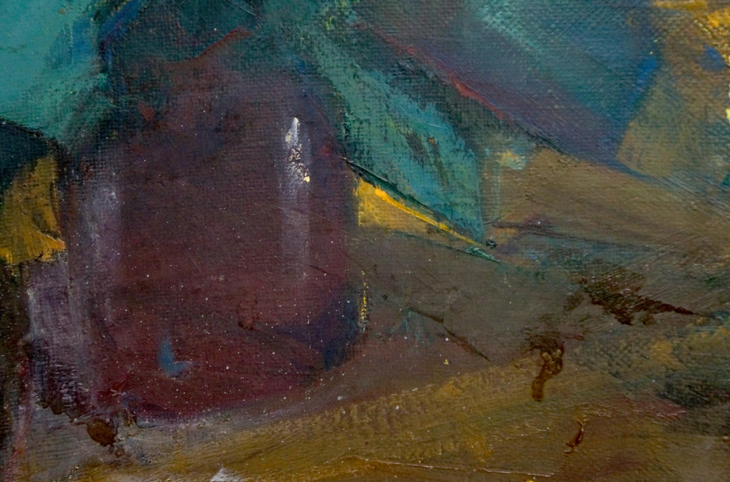 Oil painting of yellow and red roses by Leonid Zaborovsky in maroon, teal, ochre