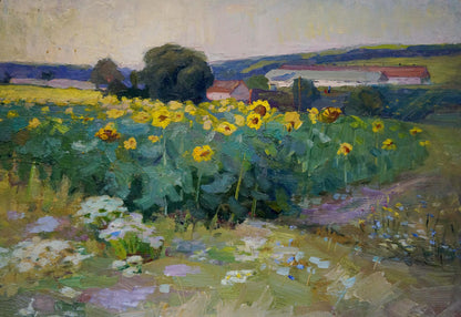 Vibrant impressionistic oil painting of yellow sunflower field