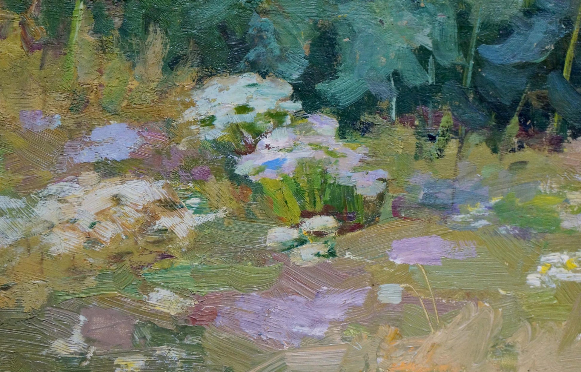 Vibrant impressionist oil painting of sunflower field with white purple flowers