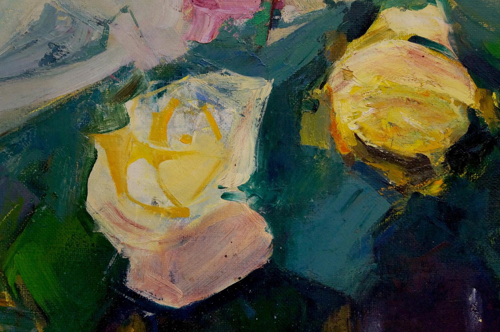 Vibrant impressionistic oil painting of yellow roses by Leonid Zaborovsky