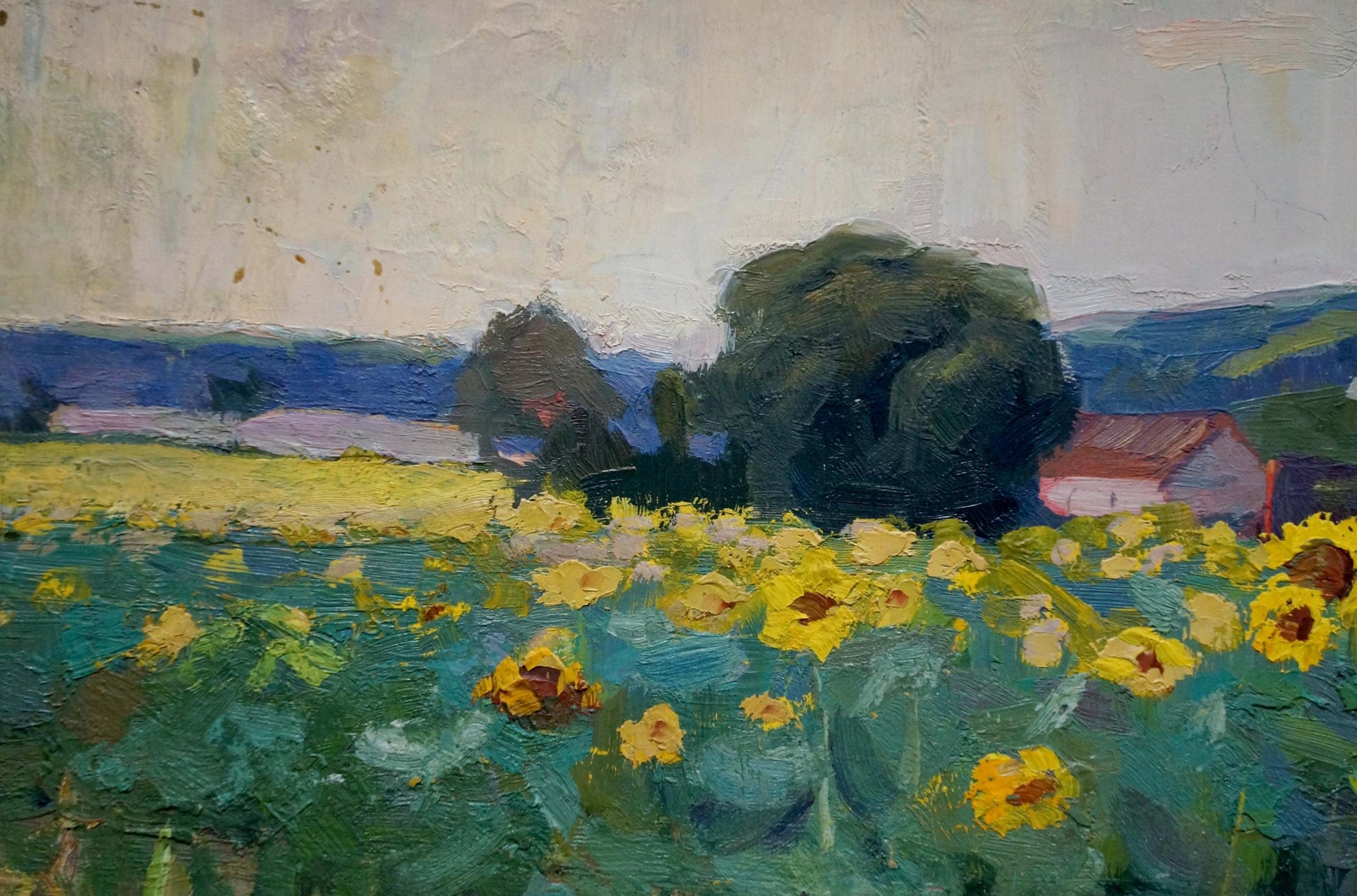 Vibrant impressionistic oil painting of yellow sunflower field
