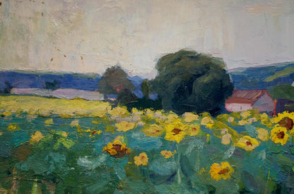 Vibrant impressionistic oil painting of yellow sunflower field