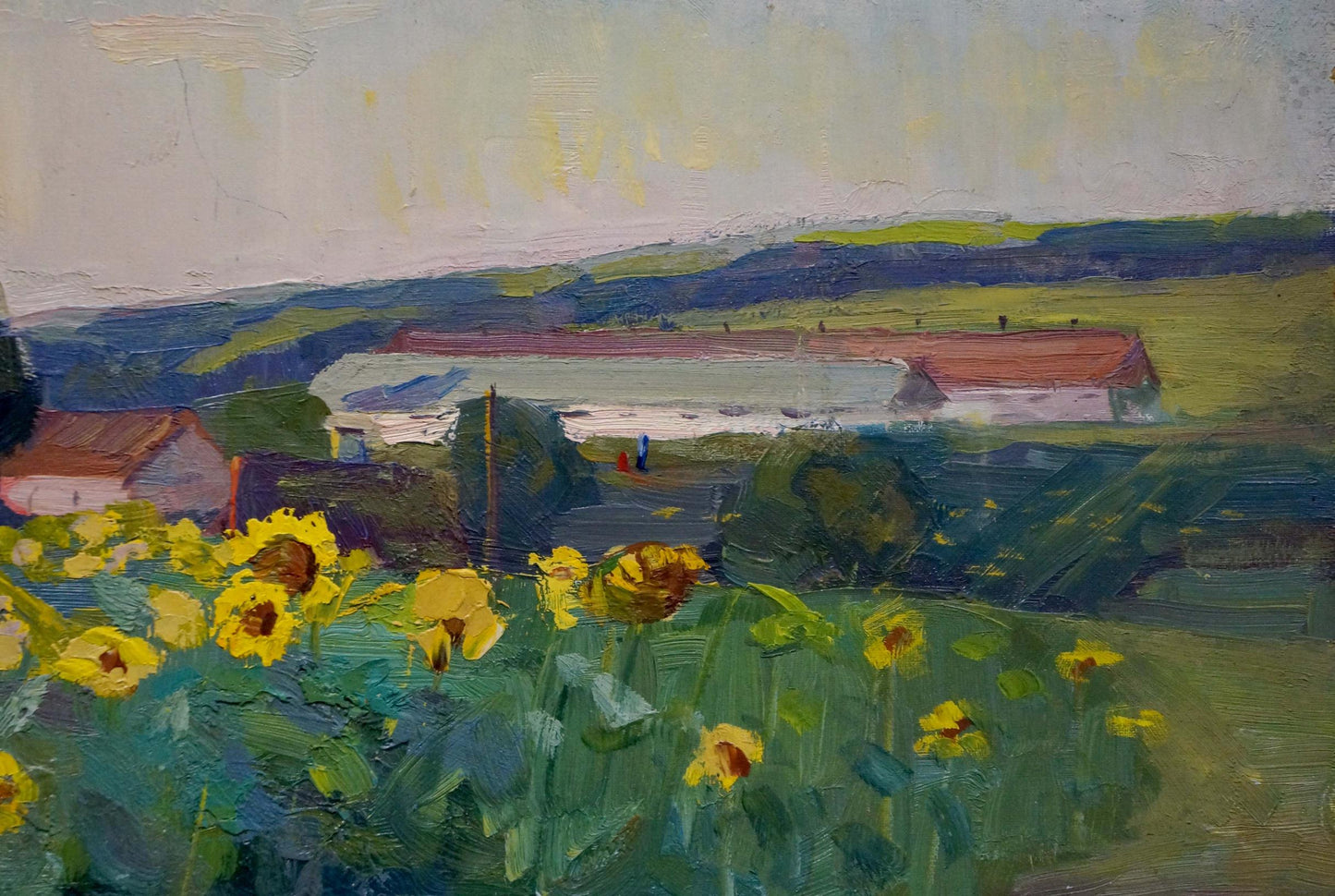 Impressionistic oil painting of vibrant yellow sunflower field