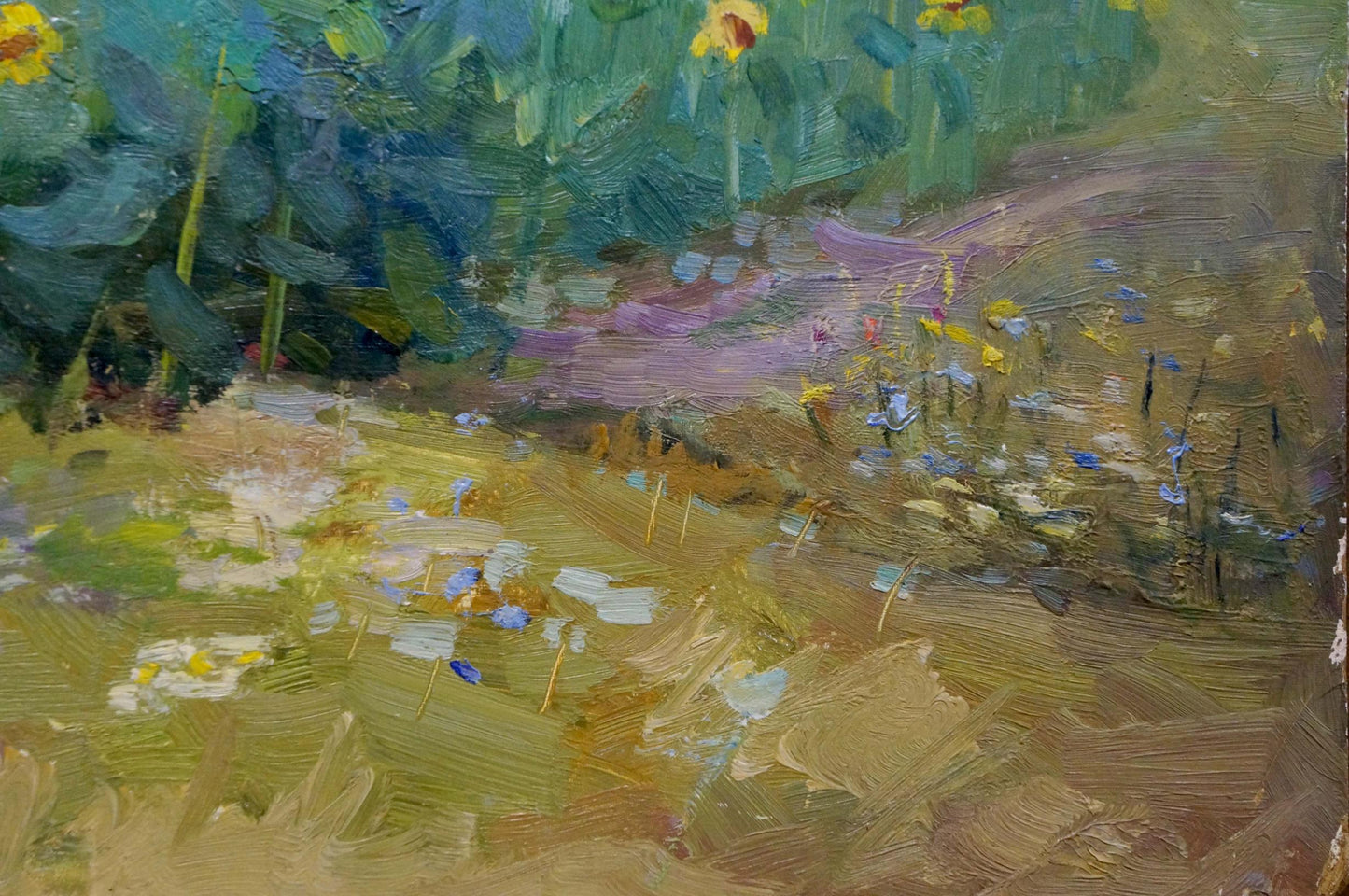 Vibrant impressionist oil painting of sunlit sunflower field with wildflowers