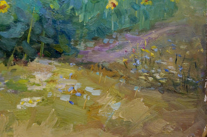 Vibrant impressionist oil painting of sunlit sunflower field with wildflowers