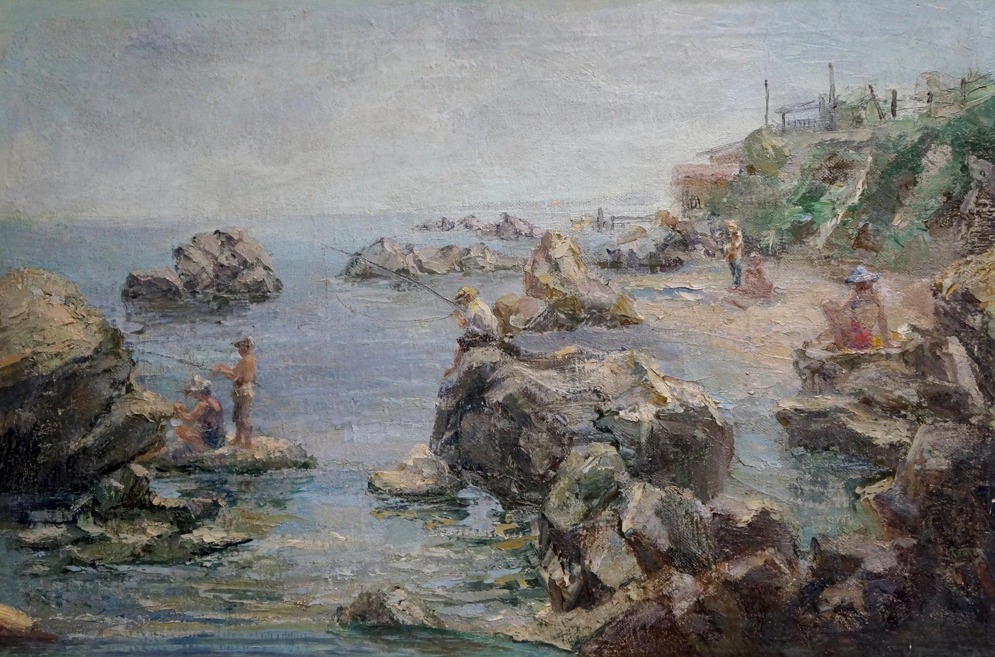 Serene impressionistic oil painting Casting Lines from the Rocks coastal scene