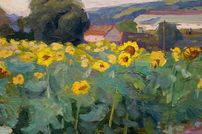 Impressionistic oil painting of vibrant yellow sunflower field
