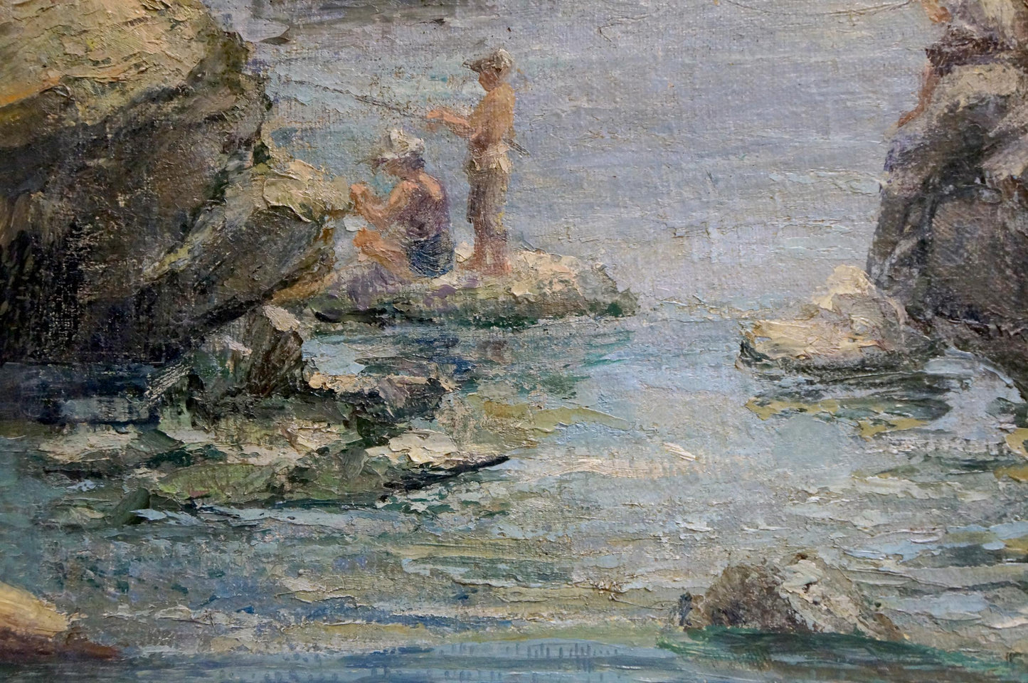 Oil painting Casting Lines from the Rocks: figures fishing by rocky shores