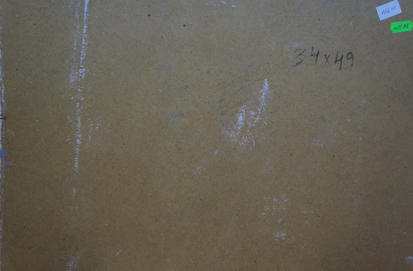Back of Oil painting Sunflower field with tan textured surface, handwritten dimensions and adhesive labels